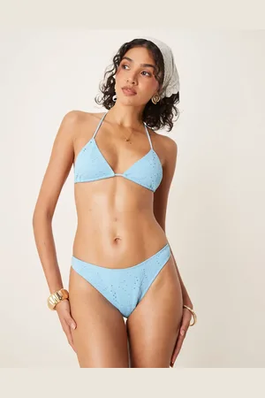 ASOS – Tia – Strukturierte Bikinihose in Hellblau mit Paisleymuster und hohem Beinausschnitt