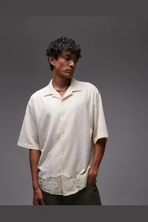 Topman – Oversize-Hemd in hellem Stein aus Jersey mit durchgehender Knopfleiste und Spitzenbesatz