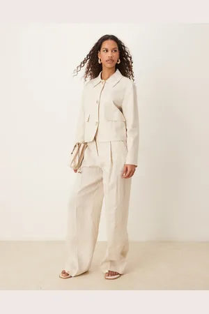 MANGO – Elegante Leinenhose in Steinbeige mit weitem Bein und Bundfalten, Kombiteil