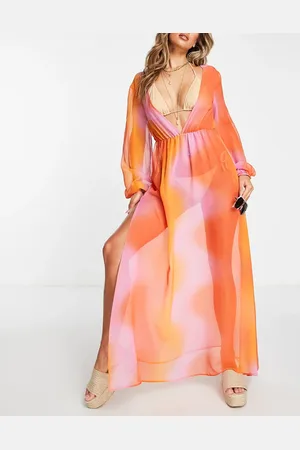 ASOS – Langärmliges Strand-Maxikleid mit tiefem Ausschnitt und Farbverlauf