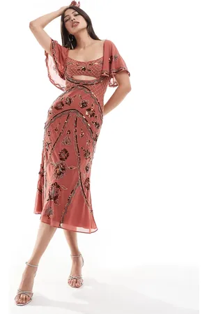 ASOS – Trägerloses Maxikleid in Flieder mit abstraktem Blumenmuster und asymmetrischem Rüschensaum