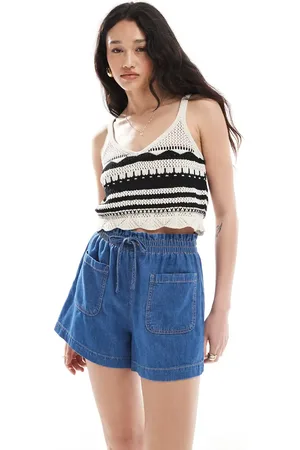 ASOS – Jeansshorts in Mittelblau mit Paperbag-Bund