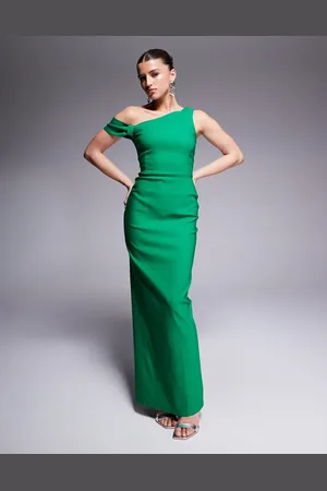 Vesper – Figurbetontes Bodycon-Kleid in Maxilänge aus Bengaline in Smaragdgrün mit Knotendetail und One-Shoulder-Träger