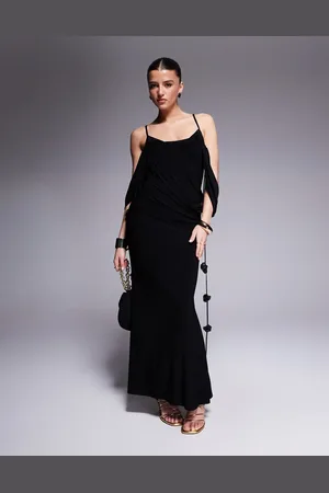 ASOS – Drapiertes Midikleid in mit gestuftem Carmen-Ausschnitt und Blumenbesatz