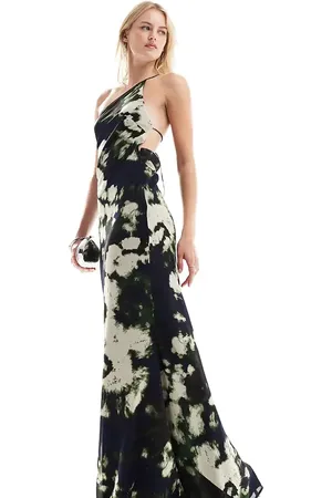 ASOS ASOS DESIGN Tall – One-Shoulder-Maxikleid in Schwarz mit abstraktem Print und Rückenausschnitt