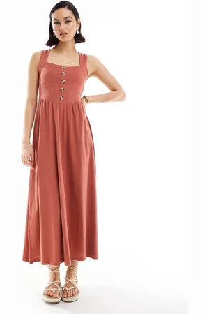ASOS – Midi-Sommerkleid in Terrakotta mit eckigem Ausschnitt und Knopfdetail