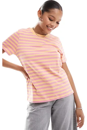Pieces® – T-Shirt mit plakativem Streifenmuster in Bonbonrosa und Orange
