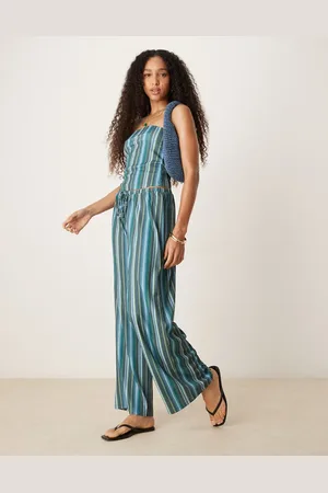ASOS – Strukturierte Hose in Petrol gestreift mit weitem Schnitt und mittelhohem Bund, Kombiteil