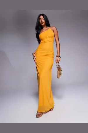 ASOS – Maxikleid aus Netzstoff in mit asymmetrischem, doppeltem Träger mit goldfarbenem Ring und Raffung