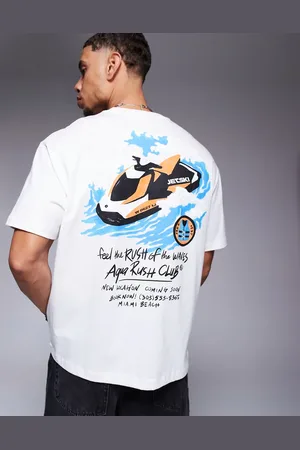 Bershka – T-Shirt in Steinbeige mit Schnellboot-Rückenprint