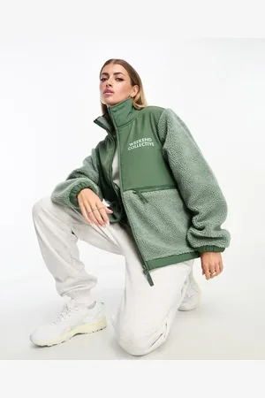 ASOS ASOS DESIGN – Weekend Collective – Fleecejacke aus Teddystoff und Nylon in Salbeigrün mit Reißverschluss