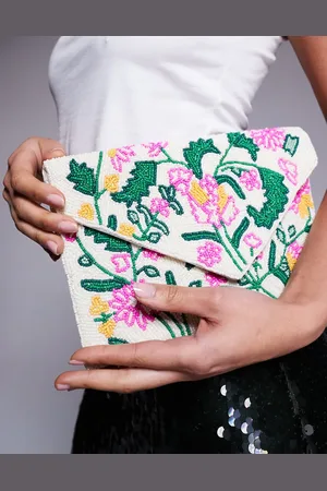 True Decadence – Mehrfarbige Clutch in Gold mit Blumenmuster-Perlenbesatz