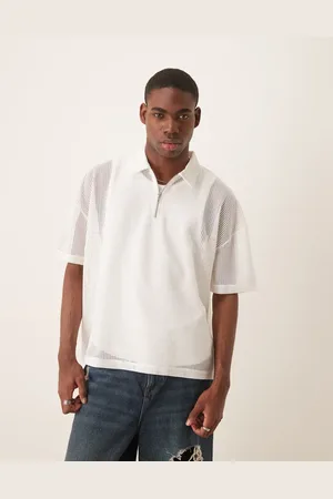 ASOS – Kastiges Oversize-Polohemd aus weitmaschigem Netzstoff in Wollweiß mit überschnittenen Schultern und Reißverschluss