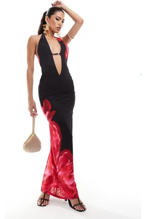 Murci – Neckholder-Maxikleid mit schwarzem und rotem Blumendruck und tiefem Ausschnitt