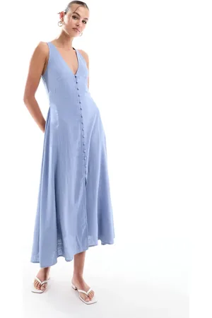 ASOS – Leinen-Midikleid in Eisblau mit weitem Rock und durchgehender Knopfleiste