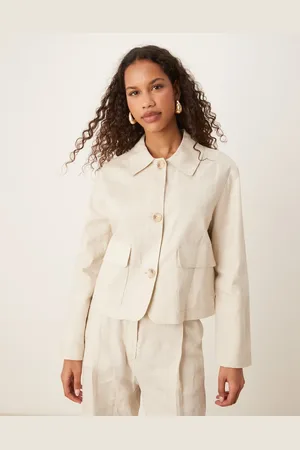 MANGO – Leinenjacke in Steinbeige mit Knopfleiste, Kombiteil