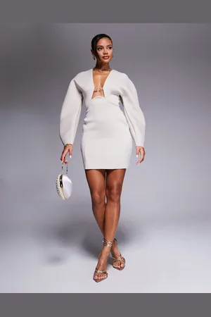 ASOS – Minikleid aus Scuba-Stoff in Steinbeige mit Cocoon-Ärmeln und mittigem Besatz