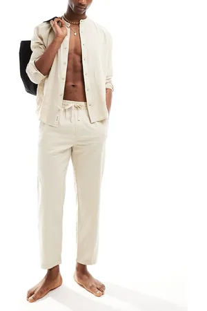 Pull&Bear – Hose aus Leinenimitat in Sandbeige mit weitem Bein