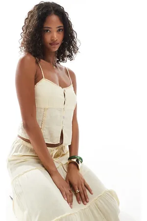 Pull&Bear – Camisole in Buttermilchgelb mit Spitzenbesatz, Kombiteil