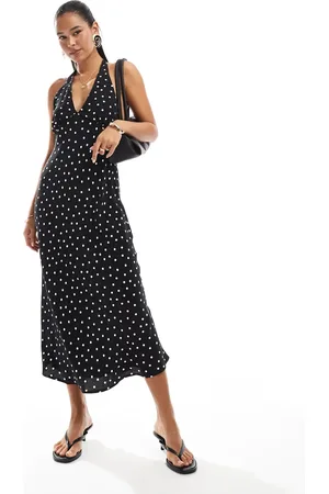 Pull&Bear – Midikleid in gepunktetem mit Neckholder