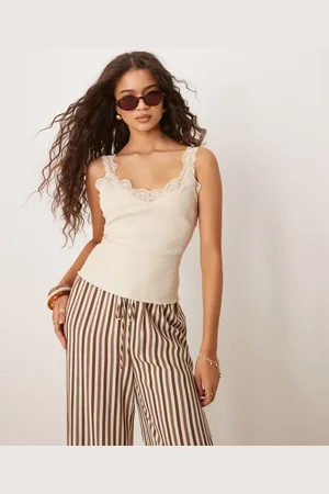 MANGO – Trägertop in Beige mit breitem Tröger mit Spitzenborte