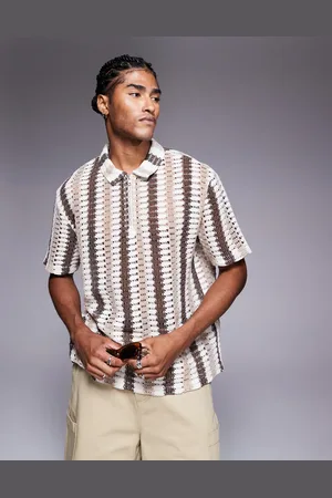 ASOS – Kastiges, locker geschnittenes Polohemd mit Häkeldesign mit neutralem Streifenmuster