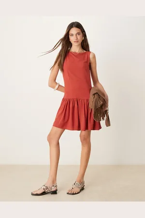 ASOS – Leinenmix-Minikleid in Ziegelrot mit tiefer Taille
