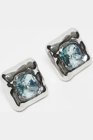 Reclaimed – Eckige silberfarbene Unisex-Ohrstecker mit blauem Schmuckstein
