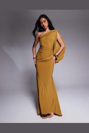 ASOS – Premium – Asymmetrisches Maxikleid in Bronze mit einem Ärmel und drapiertem Rücken