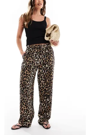 VERO MODA – Hose mit weitem Bein, Leopardenmuster und Leinenanteil