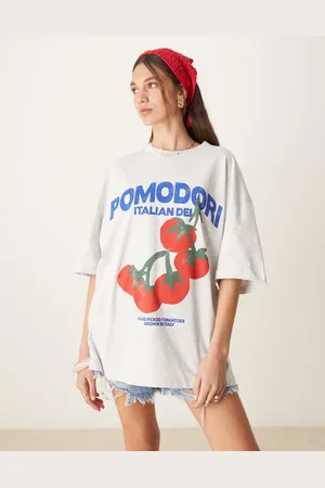 ASOS – Oversize-T-Shirt in meliertem Eisgrau mit „Pomodoro“-Tomaten-Print