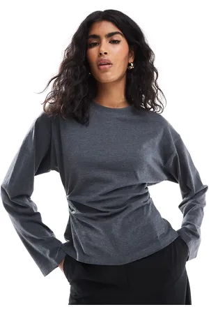 ASOS – Langärmliges T-Shirt in Anthrazit mit Korsettdetail in der Taille