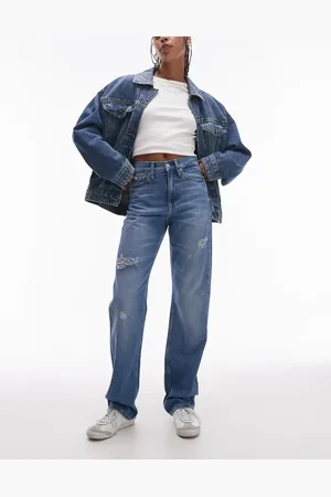 Calvin Klein – Gerade geschnittene, zerrissene Jeans mit hohem Bund in heller Waschung