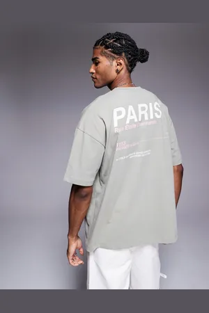 ASOS – Oversize-T-Shirt in Graugrün mit „Paris“-Textprint auf dem Rücken