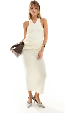 ASOS – Midikleid in Cremeweiß mit drapierter Vorderseite und überkreuzten Rückenträgern