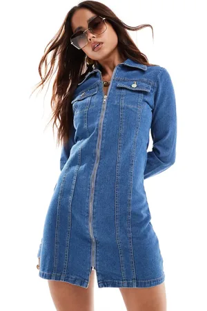 Miss Selfridge – Denim-Hemdkleid in mittelblauer Waschung mit Reißverschluss
