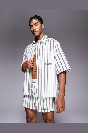 ASOS – Kastiges Oversize-Hemd in Steinbeige mit Streifen und Stickerei auf der Brust, Kombiteil