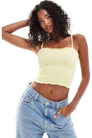 Pull&Bear – Kurzes, gerafftes Oberteil mit gelbem Karomuster