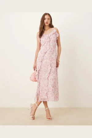 VILA – Midikleid in Rosa mit Blümchenmuster und Rüschensaum