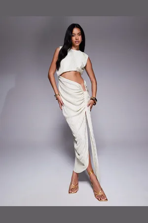 ASOS – Plissiertes Midikleid in Metallic-Cremeweiß mit schrägem Besatz an der Taille