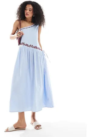 Native Youth – Besticktes Midaxi-Leinenkleid in Meeresblau mit One-Shoulder-Träger