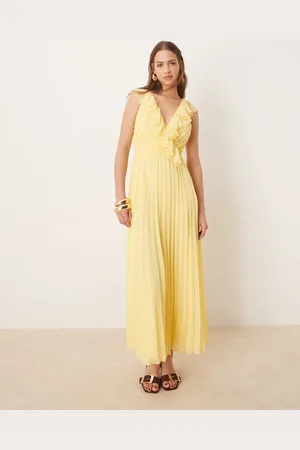ASOS – Plissiertes Midikleid in Zitronengelb mit Rüschen und Wickeldetail