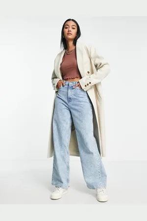 Topshop – Langer zweireihiger Mantel in Hellbeige