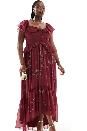 ASOS ASOS DESIGN Curve – Schulterfreies Midikleid in Burgunderrot mit Verzierung und Zierausschnitt