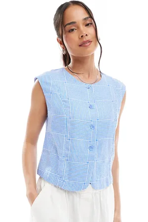 Object – Cropped Westen-Oberteil in Blau mit Crosshatch-Print