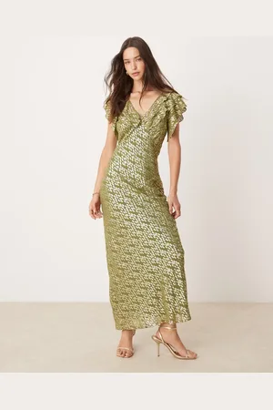 Never Fully Dressed – Tilda – Jacquard-Maxikleid in Metallic-Olivgrün mit Rüschen