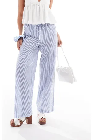 Pull&Bear – Rustic – Weit geschnittene Hose in Ecru und gestreift