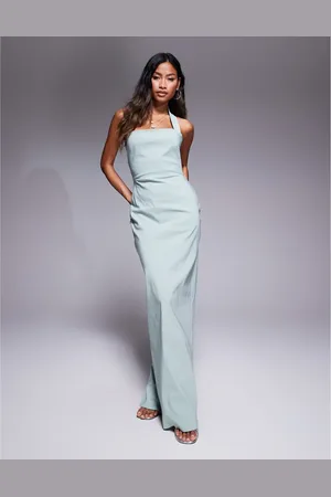 Vesper – Figurbetontes Neckholder-Maxikleid aus Bengaline in Salbeigrün