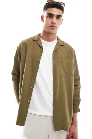 ASOS – Locker geschnittenes Revershemd aus Leinenmix in Khaki mit aufgesetzter Tasche