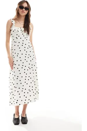 New Look – Camisole-Midikleid in Creme gepunktet mit Rüschenärmeln